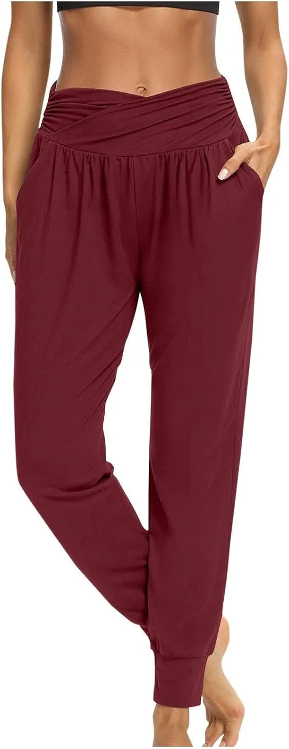 Ladies Harem Trousers Crossover Elastic High Waist Stretch Casual Yoga Pants Tapered Leg Lightweight Loungewear Sleep Pant