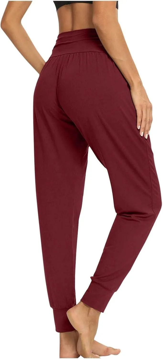 Ladies Harem Trousers Crossover Elastic High Waist Stretch Casual Yoga Pants Tapered Leg Lightweight Loungewear Sleep Pant