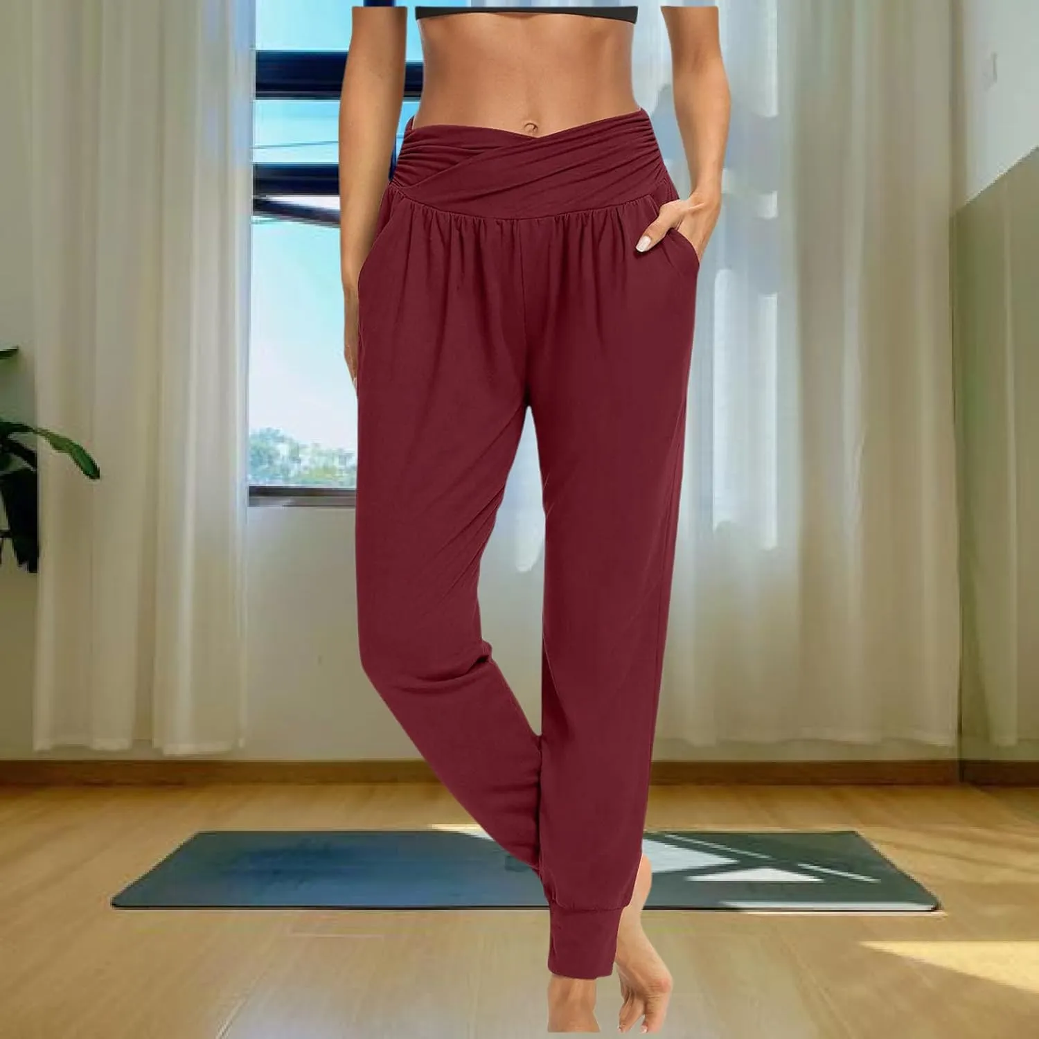 Ladies Harem Trousers Crossover Elastic High Waist Stretch Casual Yoga Pants Tapered Leg Lightweight Loungewear Sleep Pant
