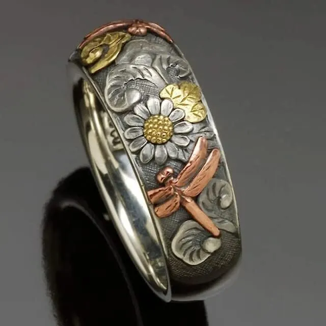 Ladies Vintage Sunflower Engagement Ring Engraved Two Tone Stainless Steel Bridal Wedding Band for Her