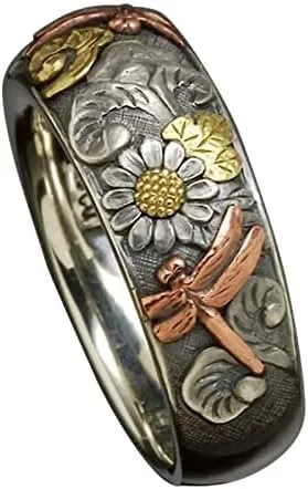 Ladies Vintage Sunflower Engagement Ring Engraved Two Tone Stainless Steel Bridal Wedding Band for Her