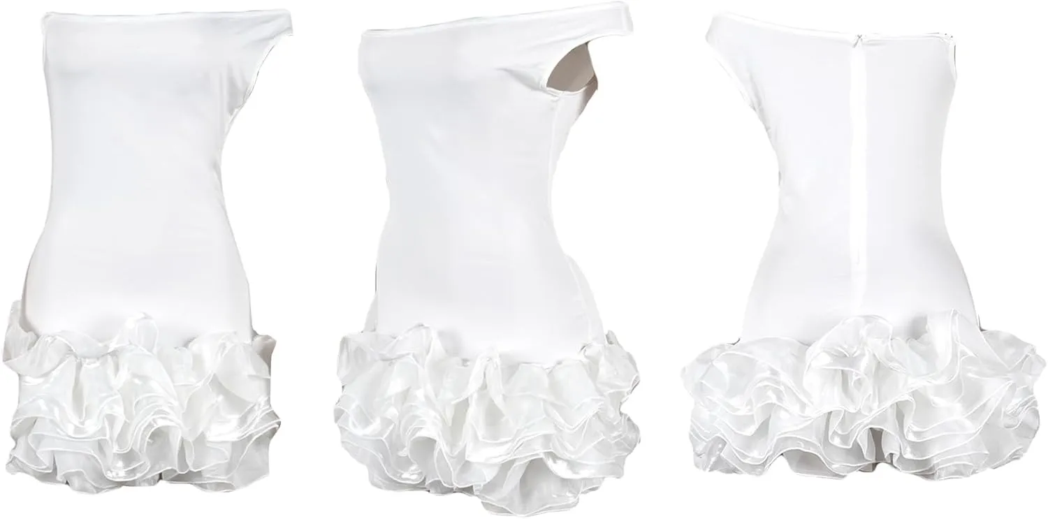 LAJIOJIO Women's Puffy Ruffle Mini Dress,Off Shoulder Sleeveless Tulle Club Night Out Dresses