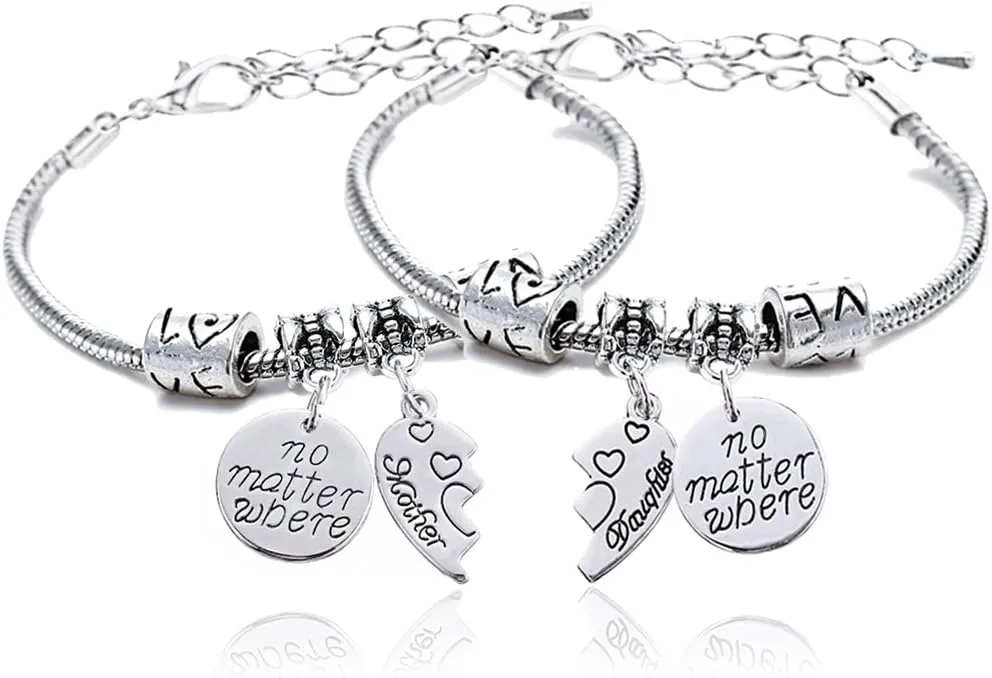 lauhonmin 2pcs Mother Daughter Bangles Set No Matter Where Compass Split Broken Heart Expandable Bracelets Gift