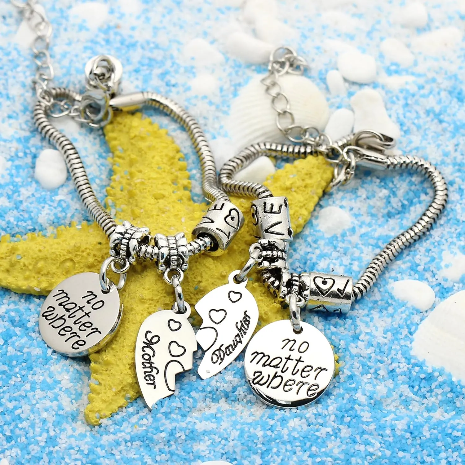 lauhonmin 2pcs Mother Daughter Bangles Set No Matter Where Compass Split Broken Heart Expandable Bracelets Gift