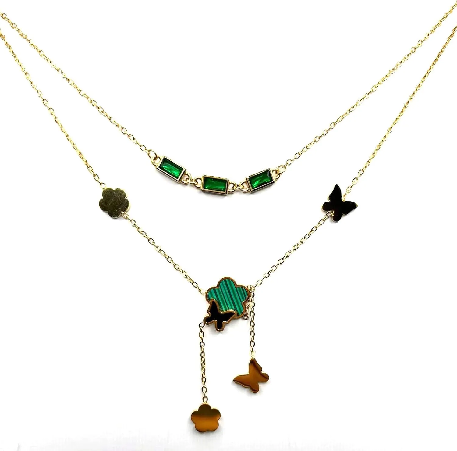 Layered Gold Chain Necklace with Emerald Crystals, Turquoise Flower, Black Butterfly Charms