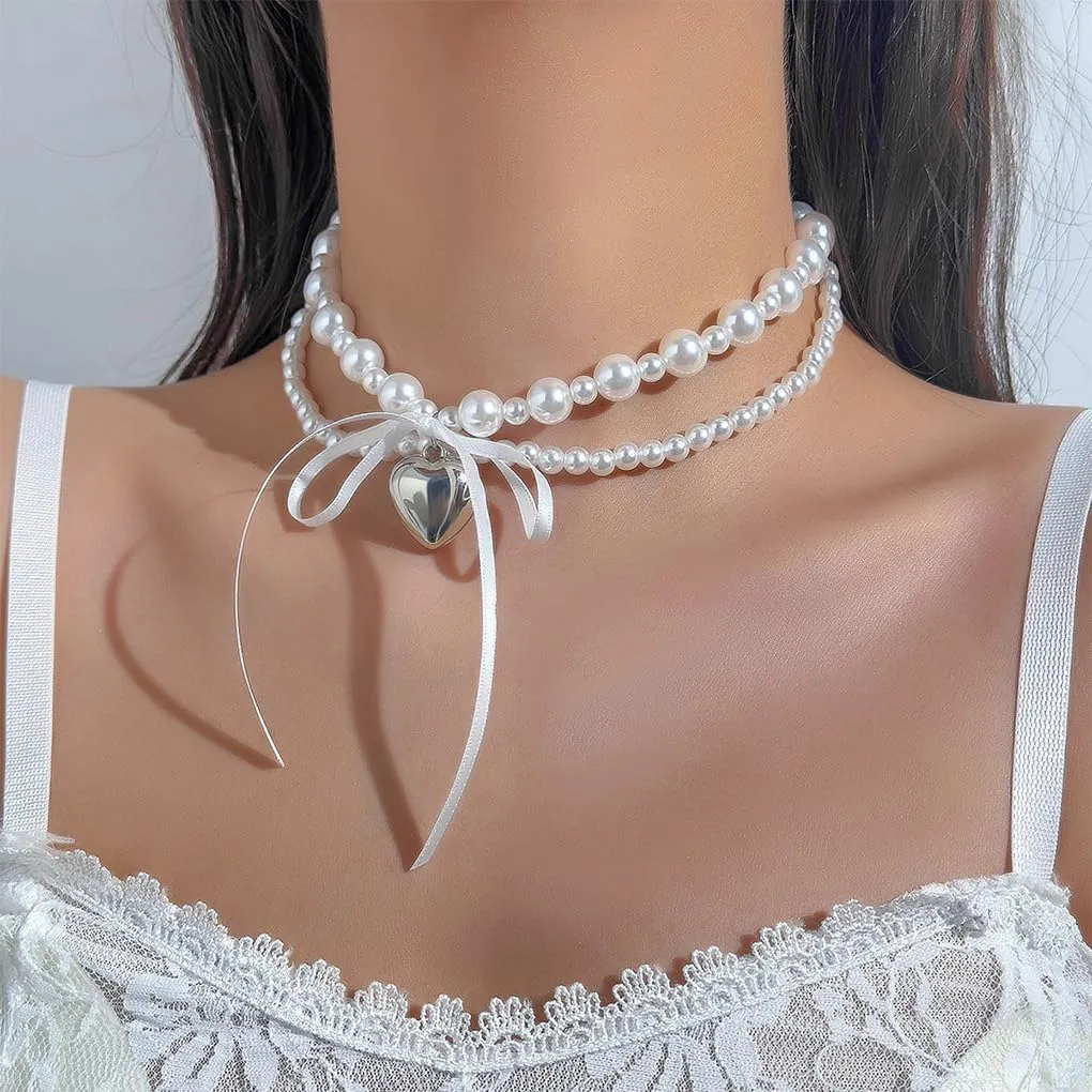 Layered Pearl Beaded Heart Bow Choker Necklace for Women,Ribbon Butterfly Knot Puffy Love Double Layering Pearl Wedding Necklace Trendy Formal Jewelry