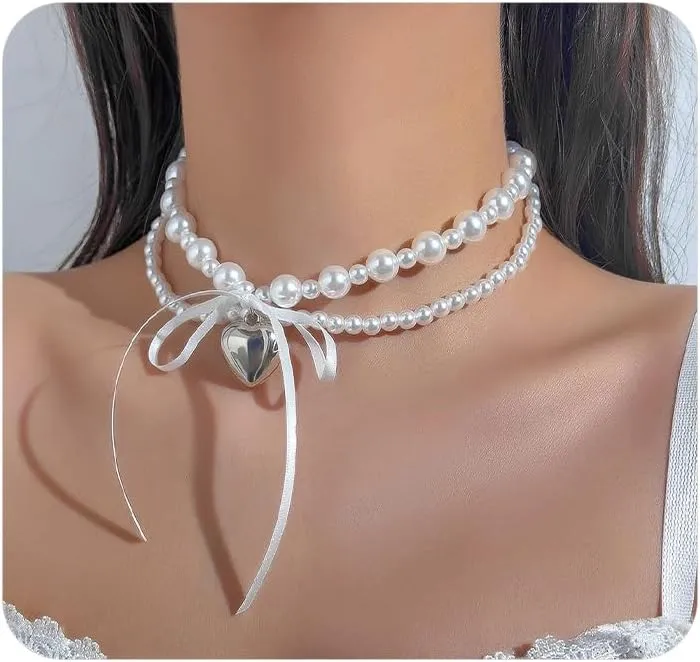 Layered Pearl Beaded Heart Bow Choker Necklace for Women,Ribbon Butterfly Knot Puffy Love Double Layering Pearl Wedding Necklace Trendy Formal Jewelry
