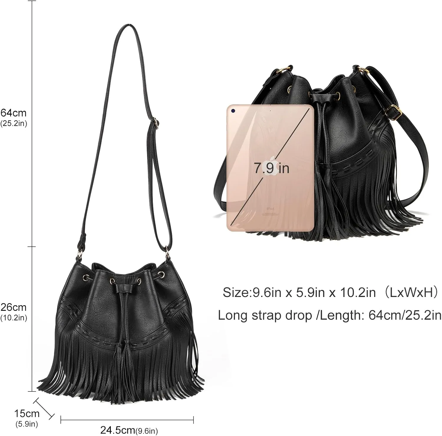 Leather Bucket Bags for Women Crossbody Fringe Purses with Drawstring Ladies Tassel Hobo and Shoulder Handbags