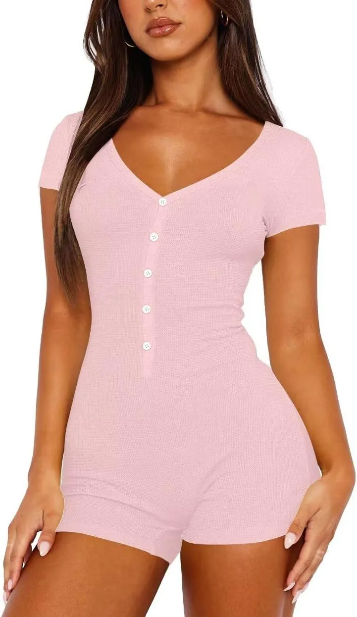LEEDYA Women's Short Sleeve Rompers Summer V Neck Casual One Piece Shorts Jumpsuit Bodycon Pajama Set Onesie Sleepwear