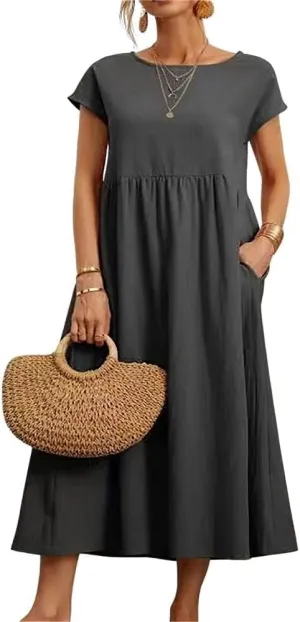 Linen Dress for Women Summer Trendy Short Sleeve Crewneck Maxi Dress Cotton Beach Dress with Pockets S-XXL