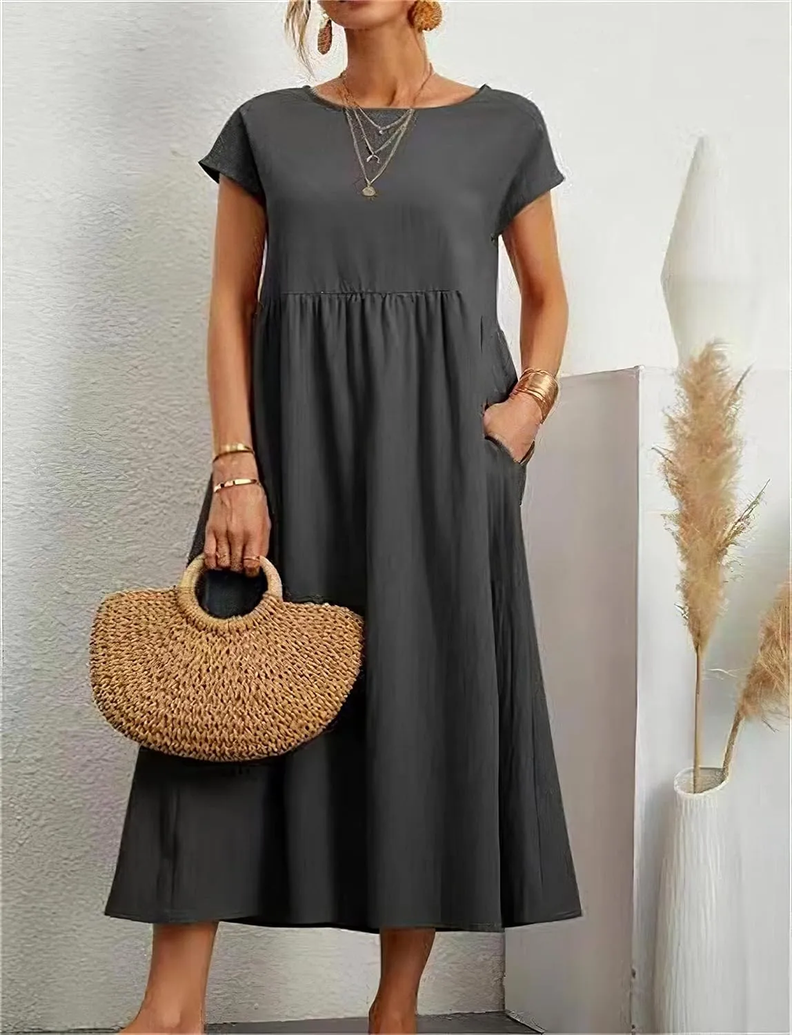 Linen Dress for Women Summer Trendy Short Sleeve Crewneck Maxi Dress Cotton Beach Dress with Pockets S-XXL