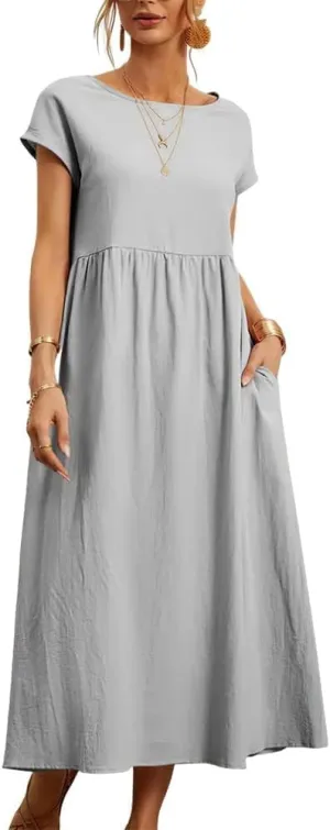 Linen Dress for Women Summer Trendy Short Sleeve Crewneck Maxi Dress Cotton Beach Dress with Pockets S-XXL