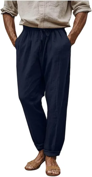Linen Pants Men Drawstring Lightweight Beach Summer Yoga Pants Elastic Waist Slim Relaxed Fit Trousers with Pockets