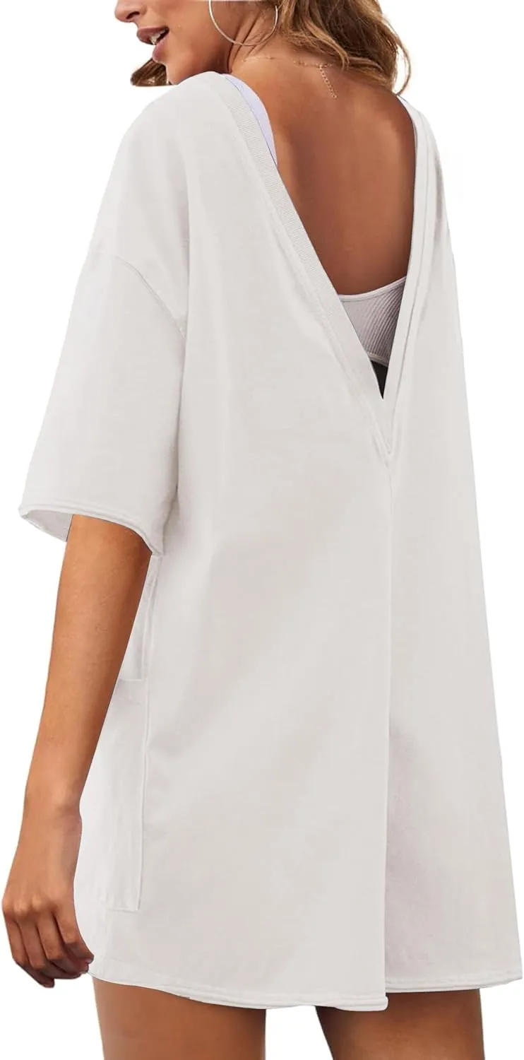 LTSCNRM Womens Tee Rompers Casual One Piece Hot Shot Oversized Overall Short Sleeve Reversible Athletic Workout Pockets