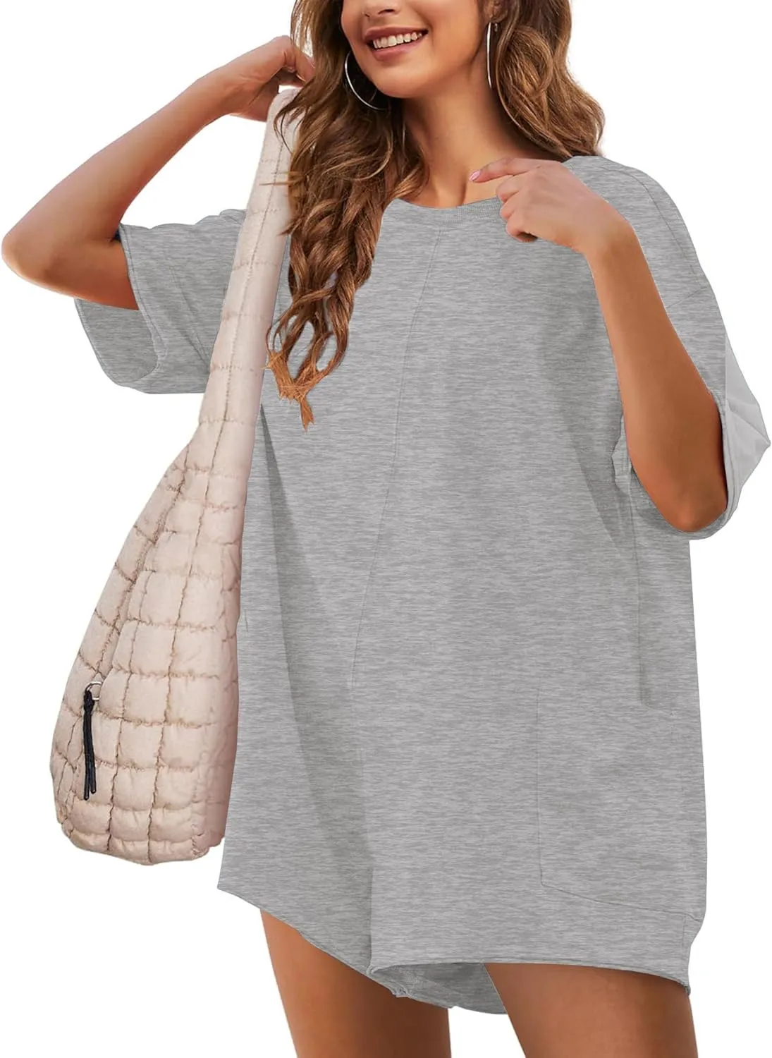 LTSCNRM Womens Tee Rompers Casual One Piece Hot Shot Oversized Overall Short Sleeve Reversible Athletic Workout Pockets