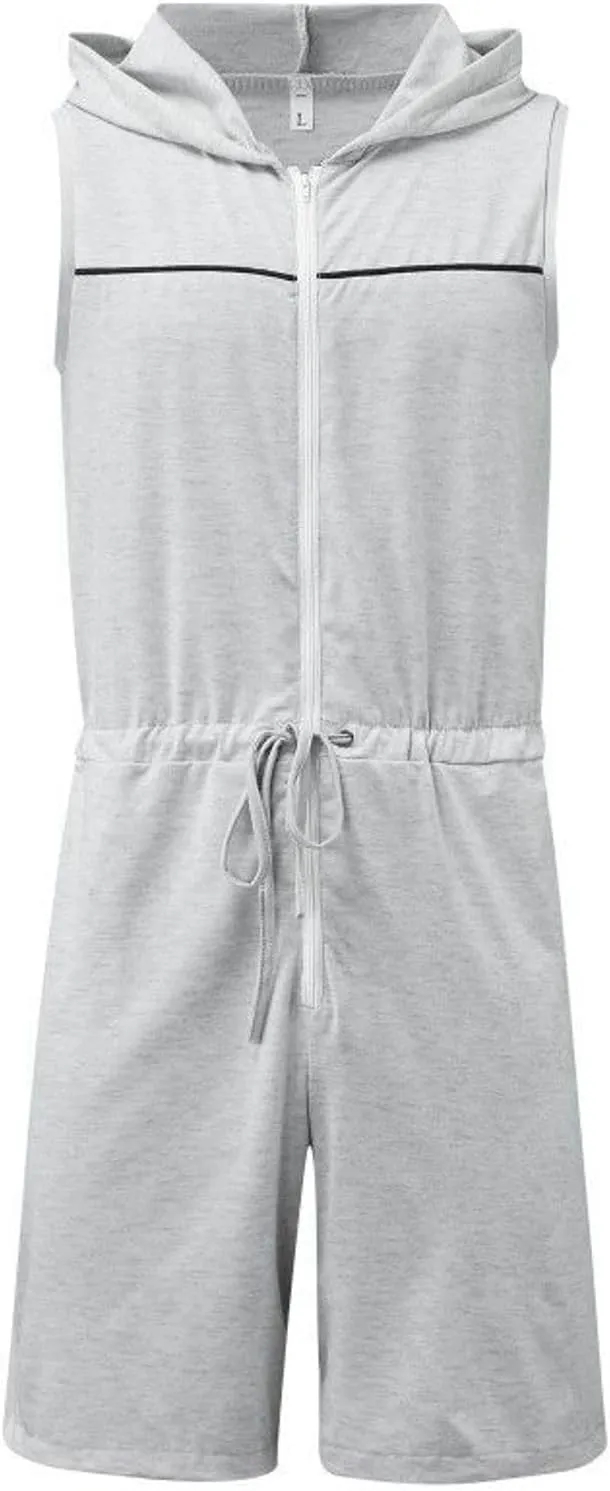 Lu's Chic Men's Summer Onesies Romper Zip Up Rompers Tank Short Sleeveless Thin Soft Casual Hooded Playsuit