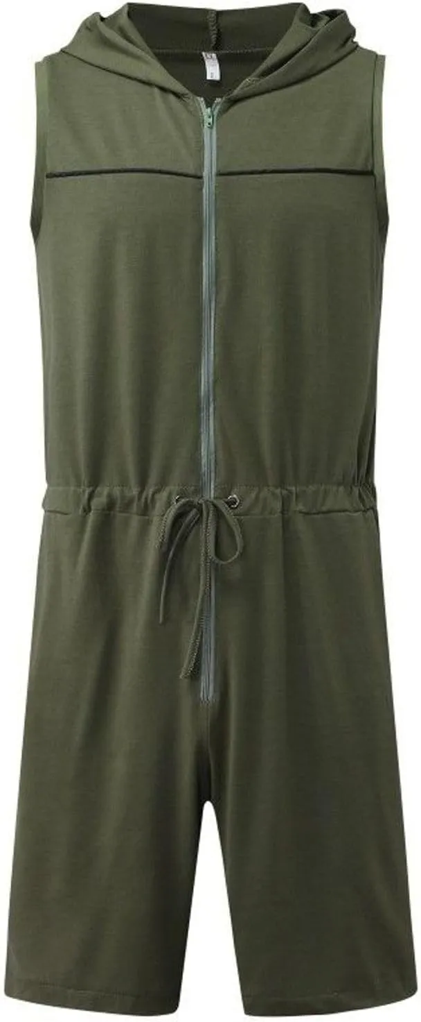 Lu's Chic Men's Summer Onesies Romper Zip Up Rompers Tank Short Sleeveless Thin Soft Casual Hooded Playsuit