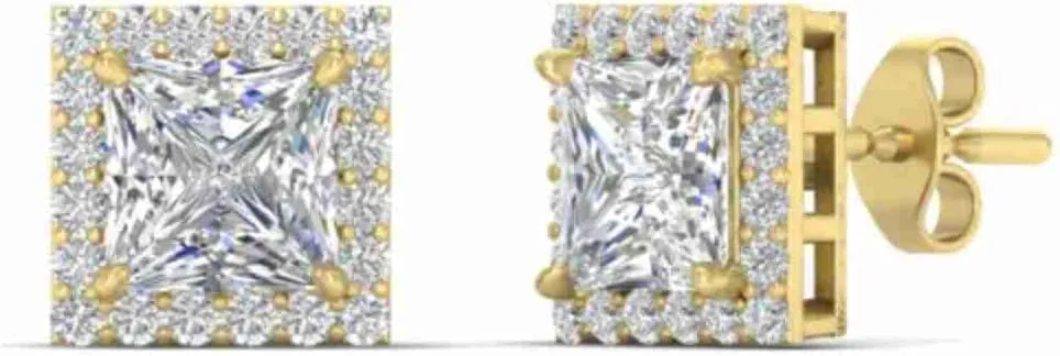 MADANE JEWELS- 14K Yellow Gold Plated Moissanite Halo Stud Earrings for Women - VVS1 Clarity, GRA Certified Push Back Closure - 925 Sterling Silver Anniversary Fine Jewelry