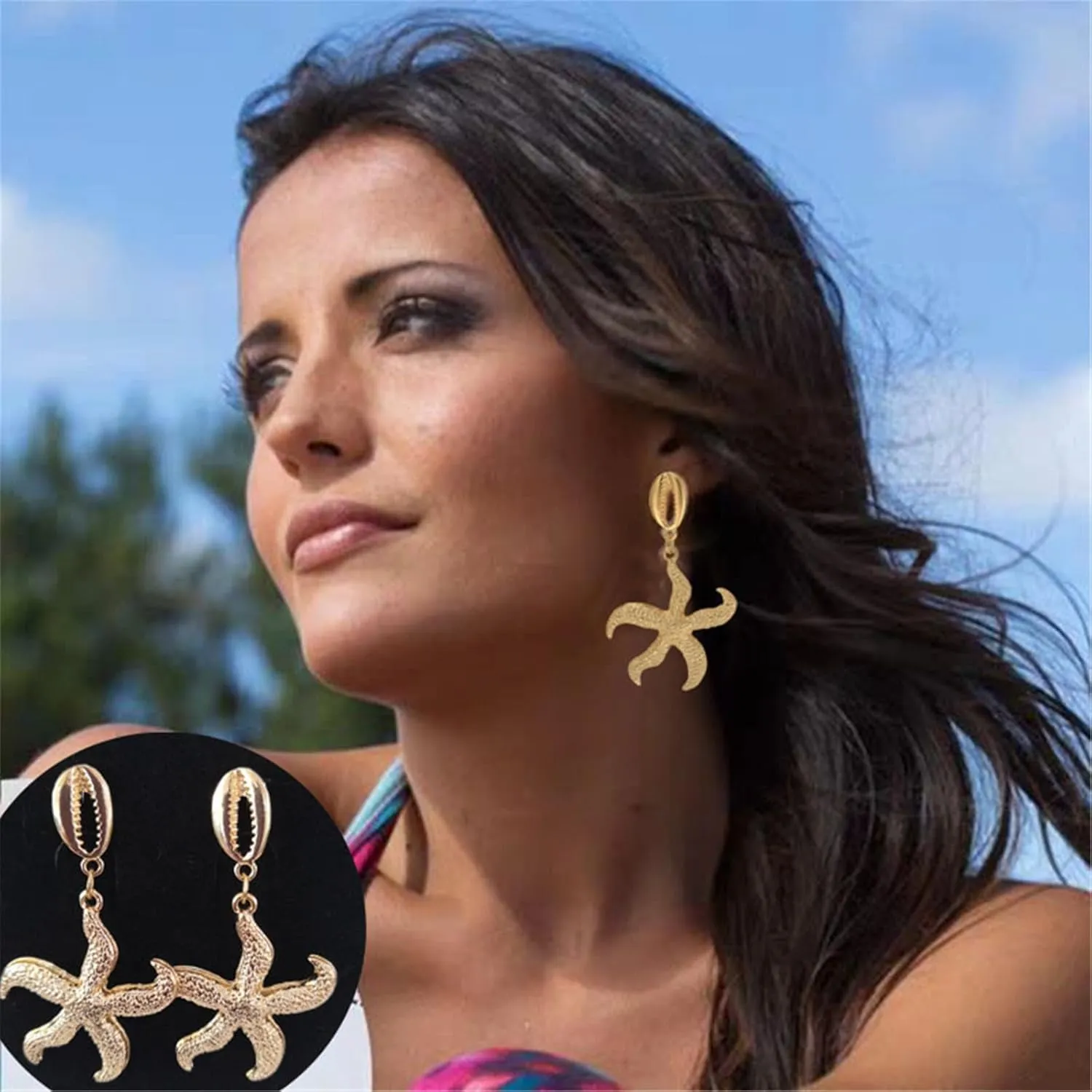 MALOYANVE Starfish Earrings for Women Unique 14K Gold Plated Boho Sea Shell Conch Starfish Dangle Drop Earrings Beach Ocean Summer Jewelry Gifts