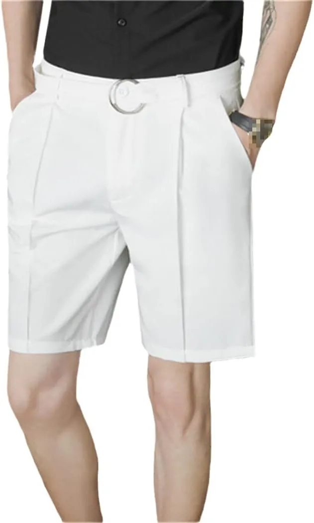 Men Summer Pleated Shorts Korean Casual Work Wear Breathable Slim Fit Bermudas Shorts White