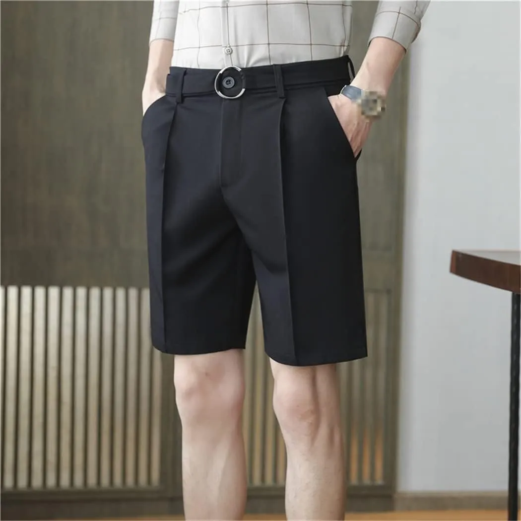 Men Summer Pleated Shorts Korean Casual Work Wear Breathable Slim Fit Bermudas Shorts White