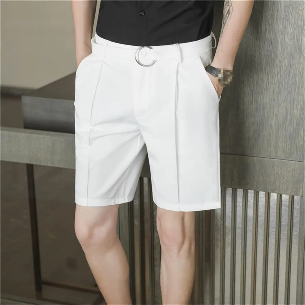 Men Summer Pleated Shorts Korean Casual Work Wear Breathable Slim Fit Bermudas Shorts White