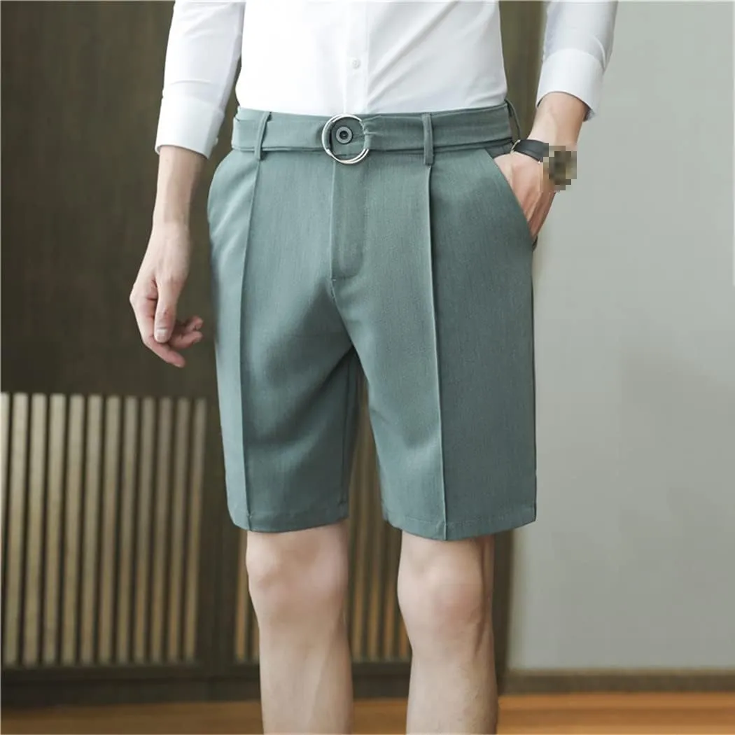 Men Summer Pleated Shorts Korean Casual Work Wear Breathable Slim Fit Bermudas Shorts White
