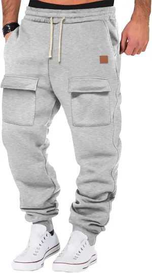 Mens Baggy Drawstring Waist Fleece Lined Relaxed Casual Running Athletic Workout Cargo Jogger Sweat Trousers Pants