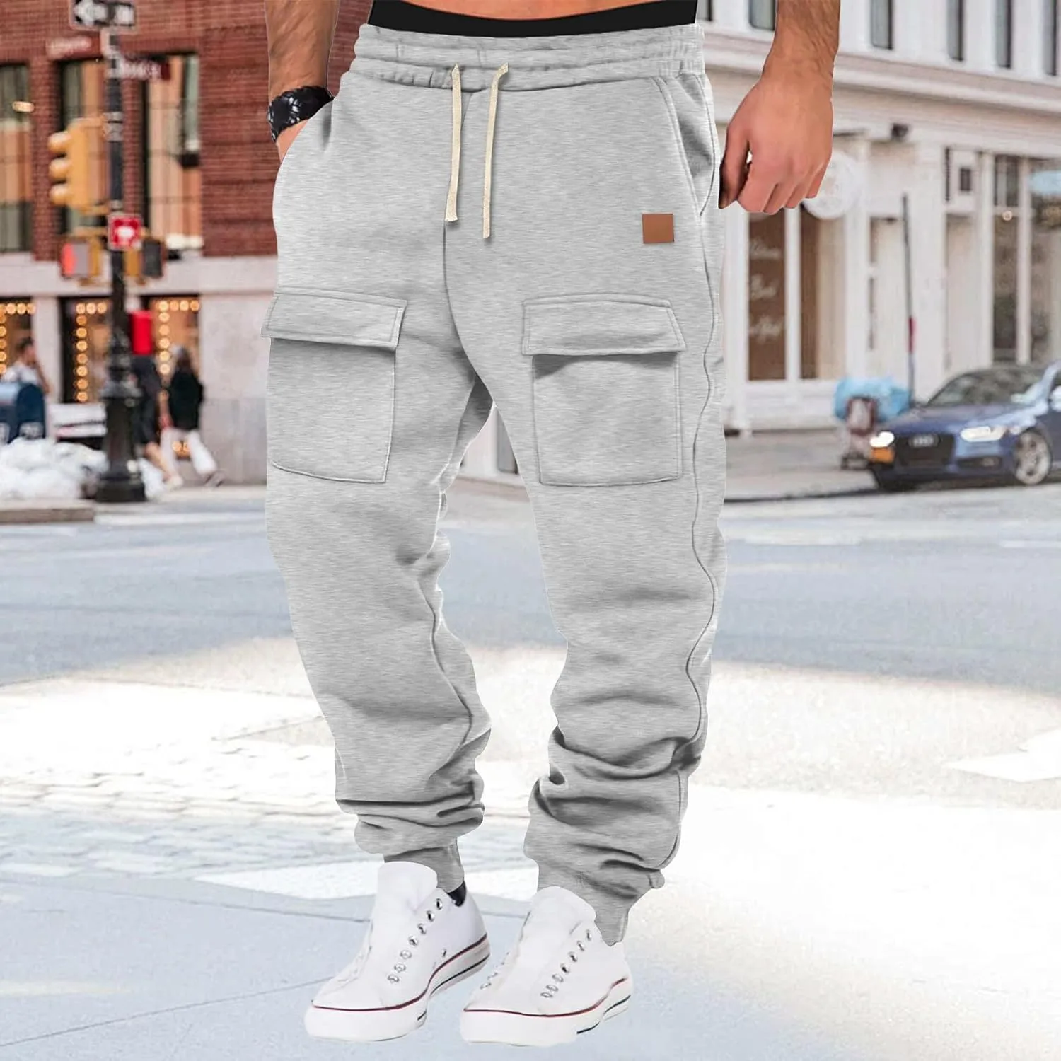 Mens Baggy Drawstring Waist Fleece Lined Relaxed Casual Running Athletic Workout Cargo Jogger Sweat Trousers Pants