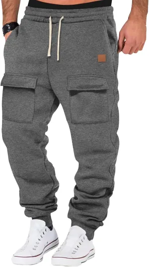 Mens Baggy Drawstring Waist Fleece Lined Relaxed Casual Running Athletic Workout Cargo Jogger Sweat Trousers Pants