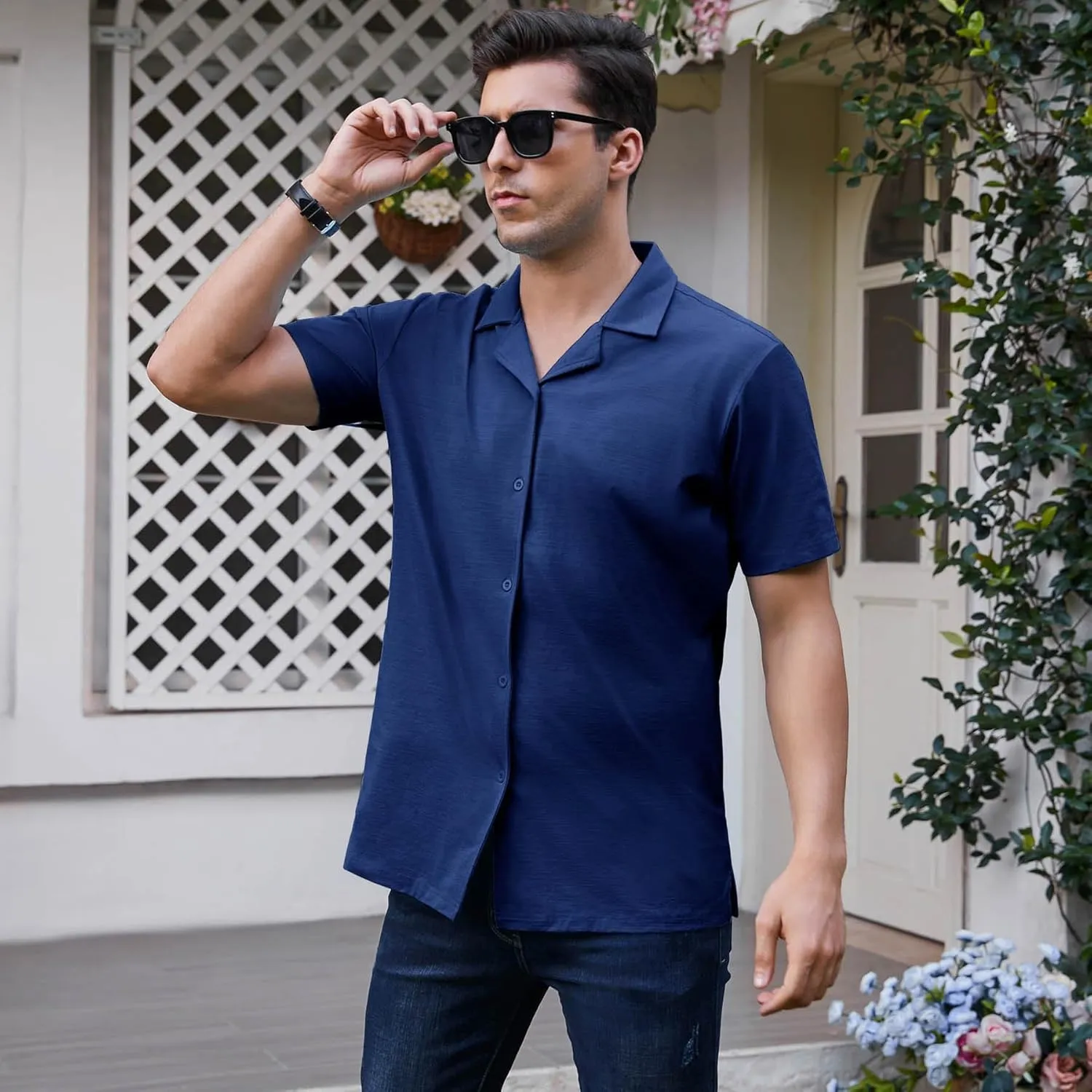 Men's Casual Button Down Untucked Shirts Short Sleeve Summer Beach Textured Wrinkle Free Stretch Dress Shirt