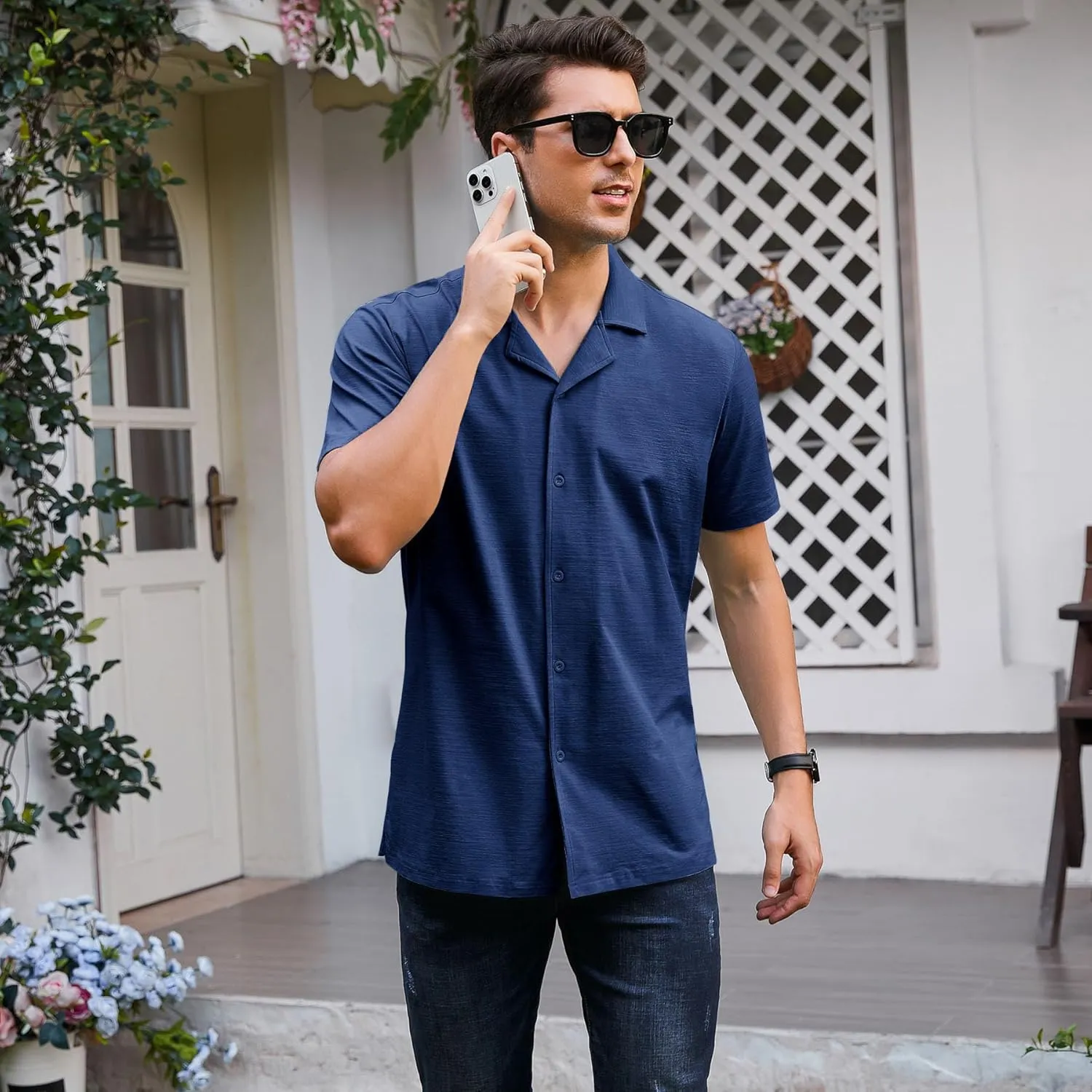 Men's Casual Button Down Untucked Shirts Short Sleeve Summer Beach Textured Wrinkle Free Stretch Dress Shirt