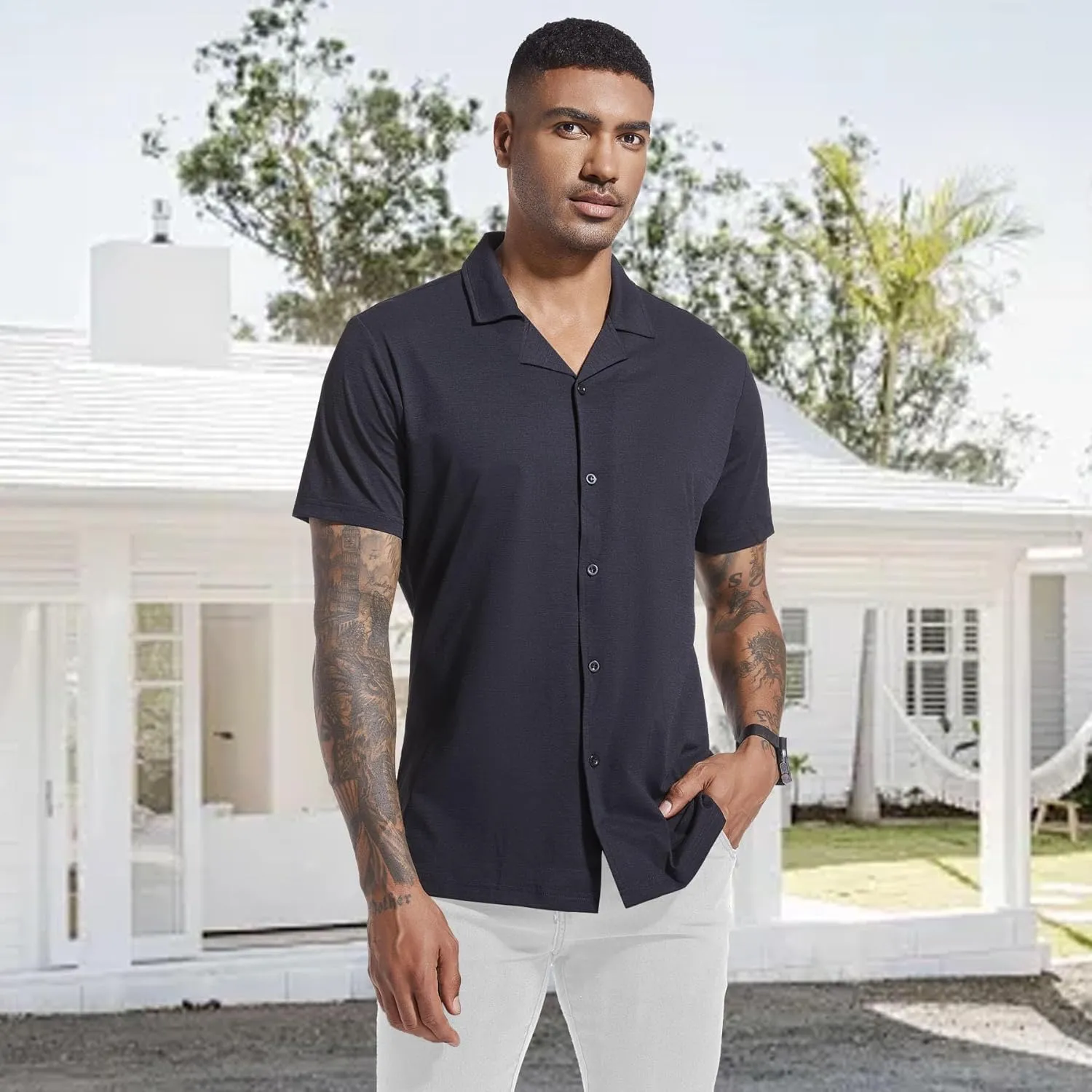 Men's Casual Button Down Untucked Shirts Short Sleeve Summer Beach Textured Wrinkle Free Stretch Dress Shirt