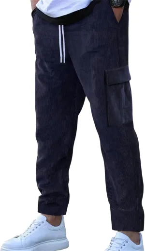 Men's Comfortable Casual Pants Corduroy Waffle Knit Elastic Waist Drawstring for Easy Pull On Streetwear