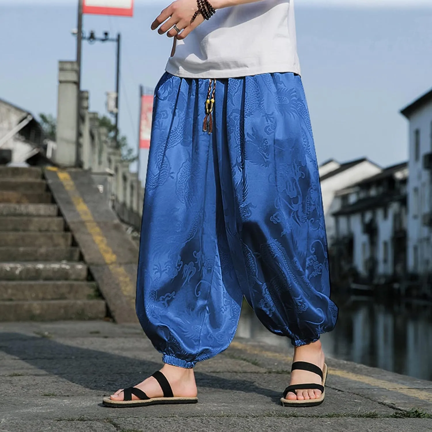 Men's Fashion Harlan Pants with Pockets Printing Drawstring Loose Fit Harlan Classic Comfortable Cotton Trousers