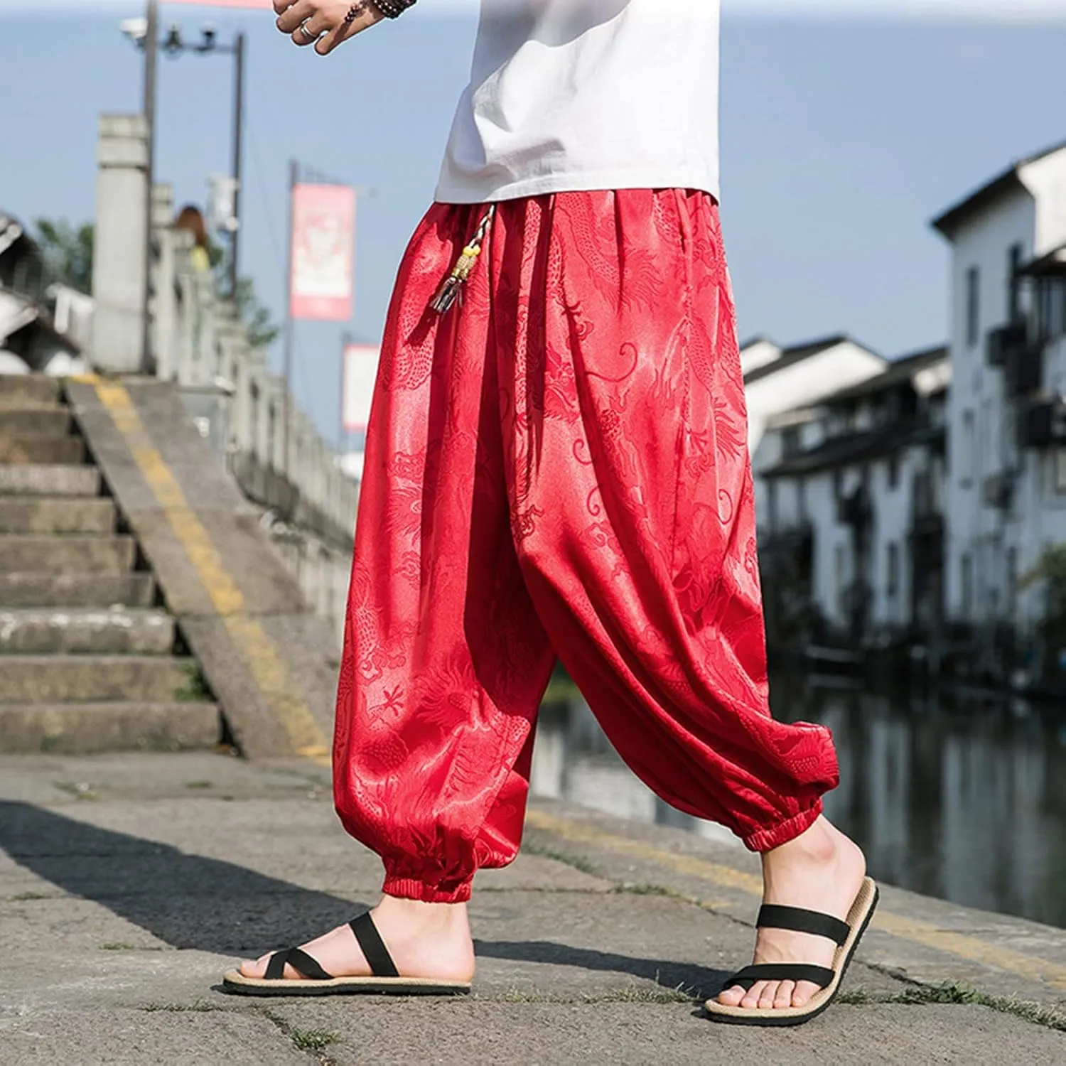 Men's Fashion Harlan Pants with Pockets Printing Drawstring Loose Fit Harlan Classic Comfortable Cotton Trousers