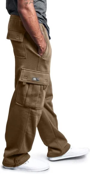 Mens Heavyweight Fleece Cargo Relaxed Fit Stretch Sweatpants Joggers with Pockets Fashion Sport Baggy Pants Trousers