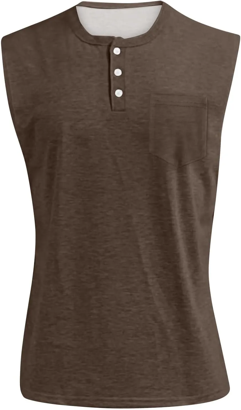 Men's Henley Shirts Washed Sleeveless Muscle Gym Workout Running Vintage Button Down Tank Tops with Chest Pocket