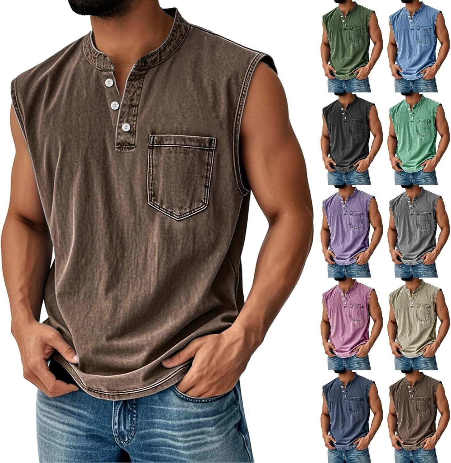 Men's Henley Shirts Washed Sleeveless Muscle Gym Workout Running Vintage Button Down Tank Tops with Chest Pocket