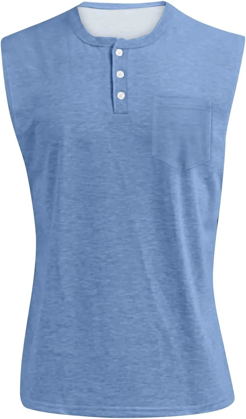 Men's Henley Shirts Washed Sleeveless Muscle Gym Workout Running Vintage Button Down Tank Tops with Chest Pocket