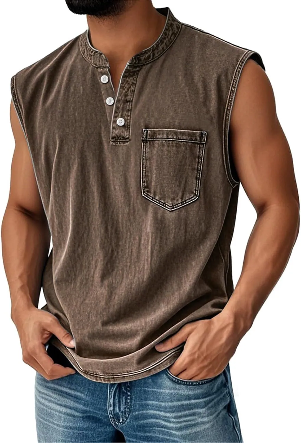 Men's Henley Shirts Washed Sleeveless Muscle Gym Workout Running Vintage Button Down Tank Tops with Chest Pocket