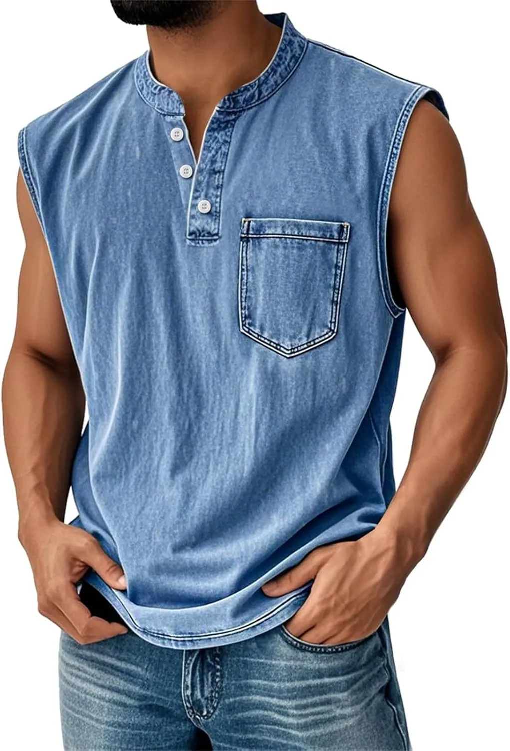 Men's Henley Shirts Washed Sleeveless Muscle Gym Workout Running Vintage Button Down Tank Tops with Chest Pocket