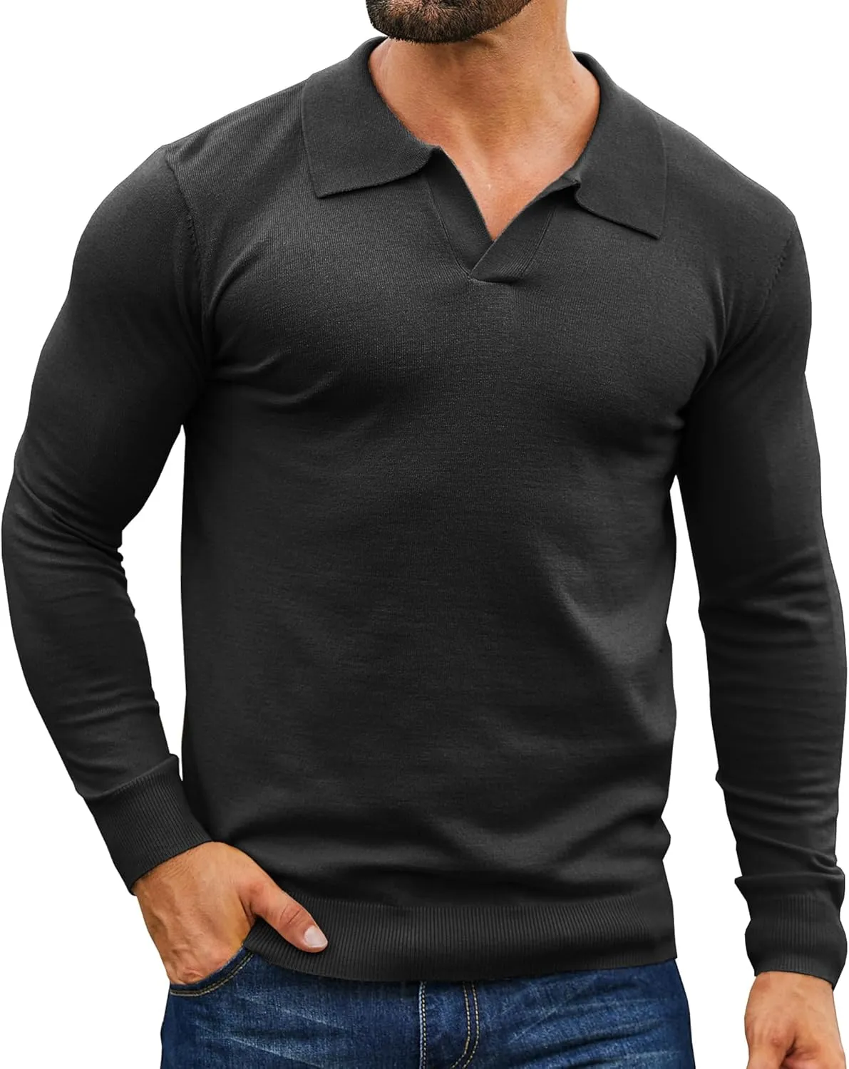 Mens Knit Polo Shirts Casual V Neck Slim Fit Polo Shirts Long Sleeve Wool Knit Pullover Sweater
