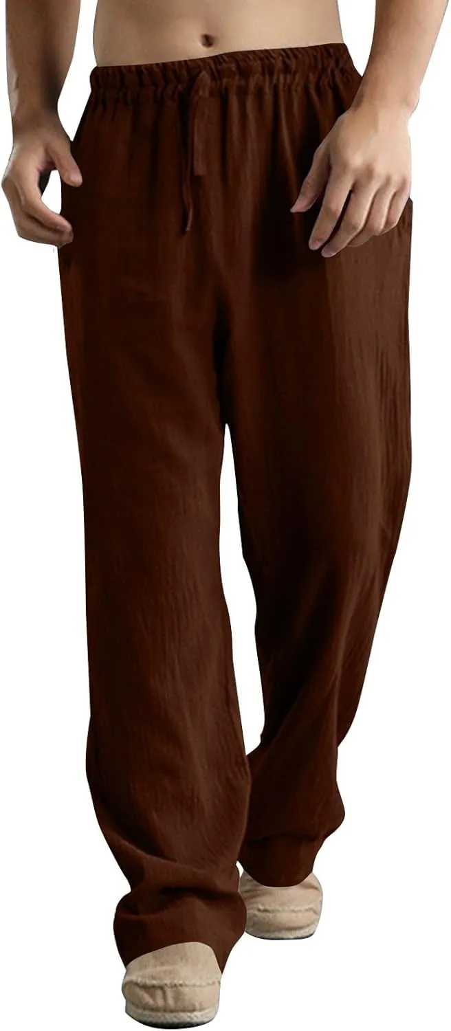Mens Linen Pants Big and Tall Summer Elastic Waist Drawstring Beach Athletic Pants for Workout, Jogging, Running