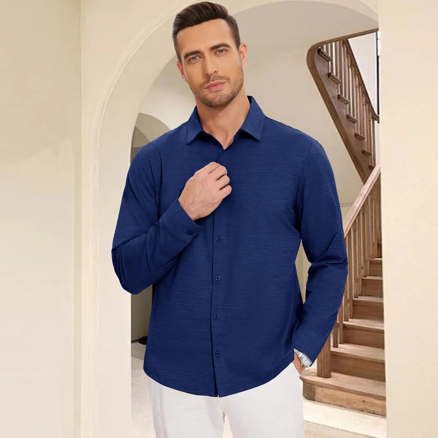 Men's Long Sleeve Casual Button Down Shirts Untucked Shirts for Men Business Stretch Wrinkle Free Dress Shirt