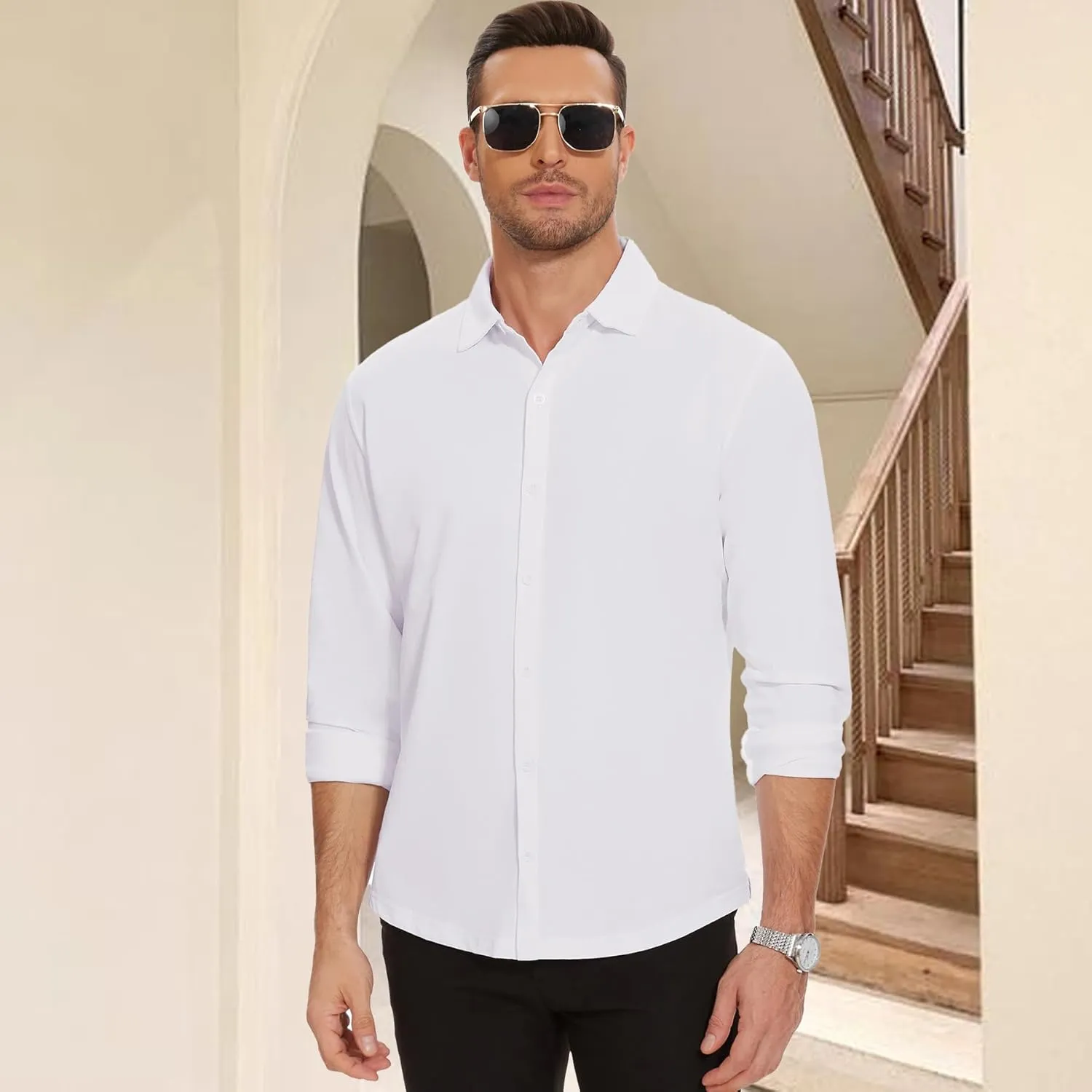 Men's Long Sleeve Casual Button Down Shirts Untucked Shirts for Men Business Stretch Wrinkle Free Dress Shirt