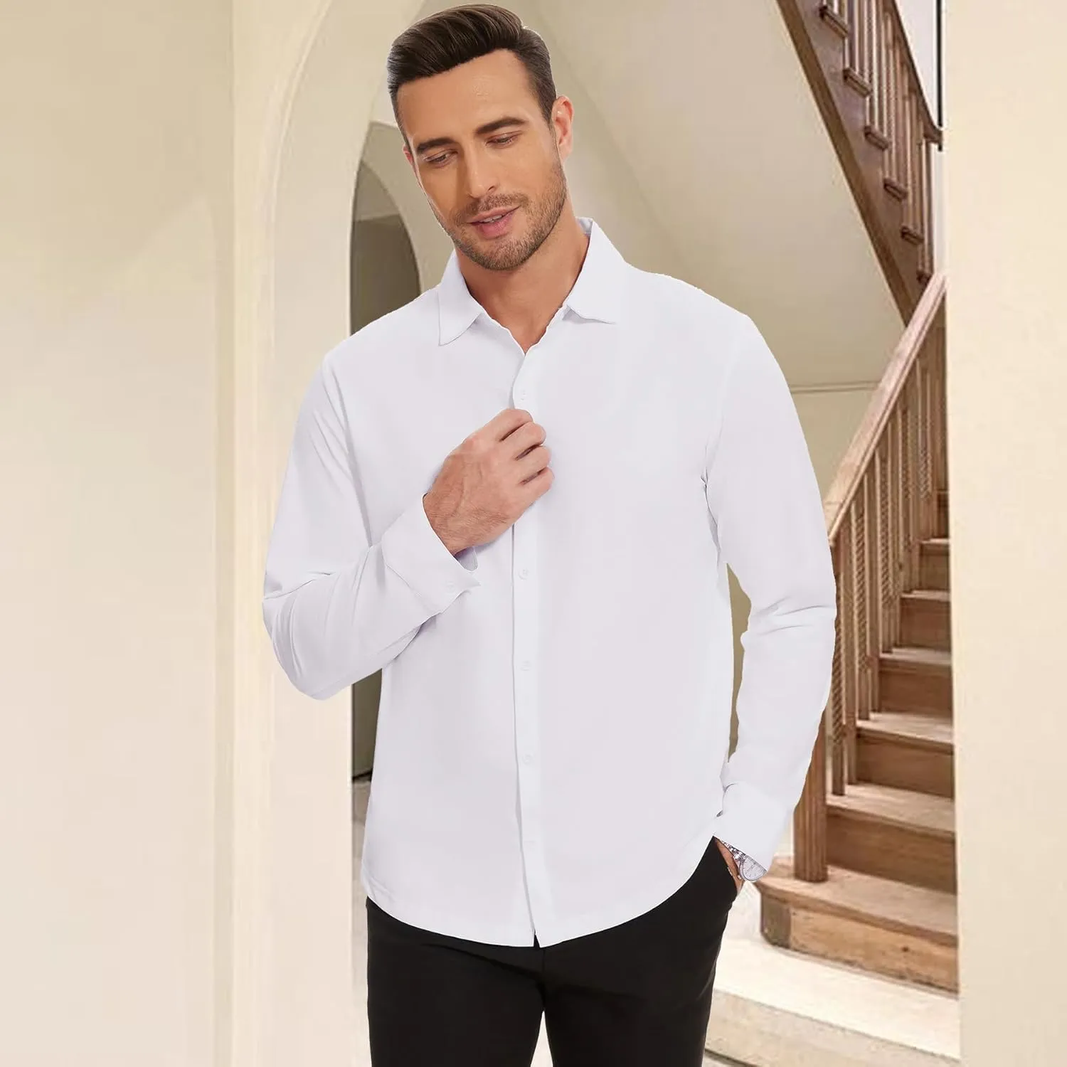 Men's Long Sleeve Casual Button Down Shirts Untucked Shirts for Men Business Stretch Wrinkle Free Dress Shirt