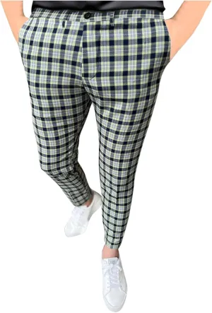 Men's Plaid Pants Regular Fit Elastic Waist Casual Pants Comfortable Tapered Leg Pants with 2 Pockets