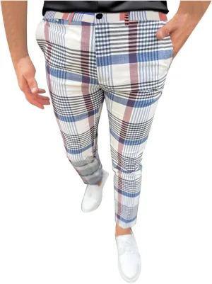 Men's Plaid Pants Regular Fit Elastic Waist Casual Pants Comfortable Tapered Leg Pants with 2 Pockets