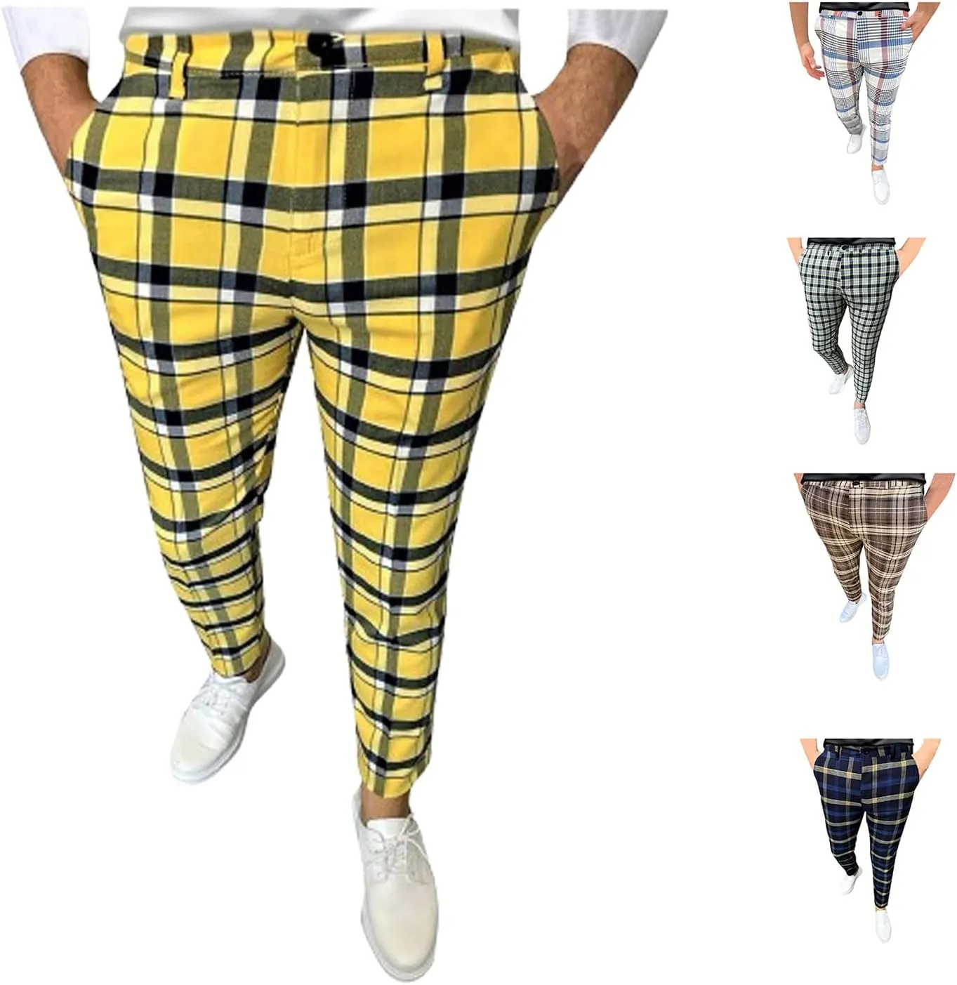 Men's Plaid Pants Regular Fit Elastic Waist Casual Pants Comfortable Tapered Leg Pants with 2 Pockets